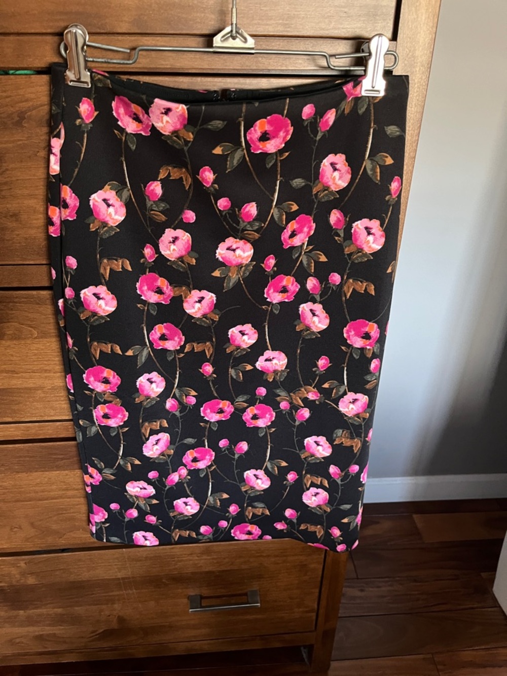 White House Black Market Black Pencil Skirt with Pink Floral Print